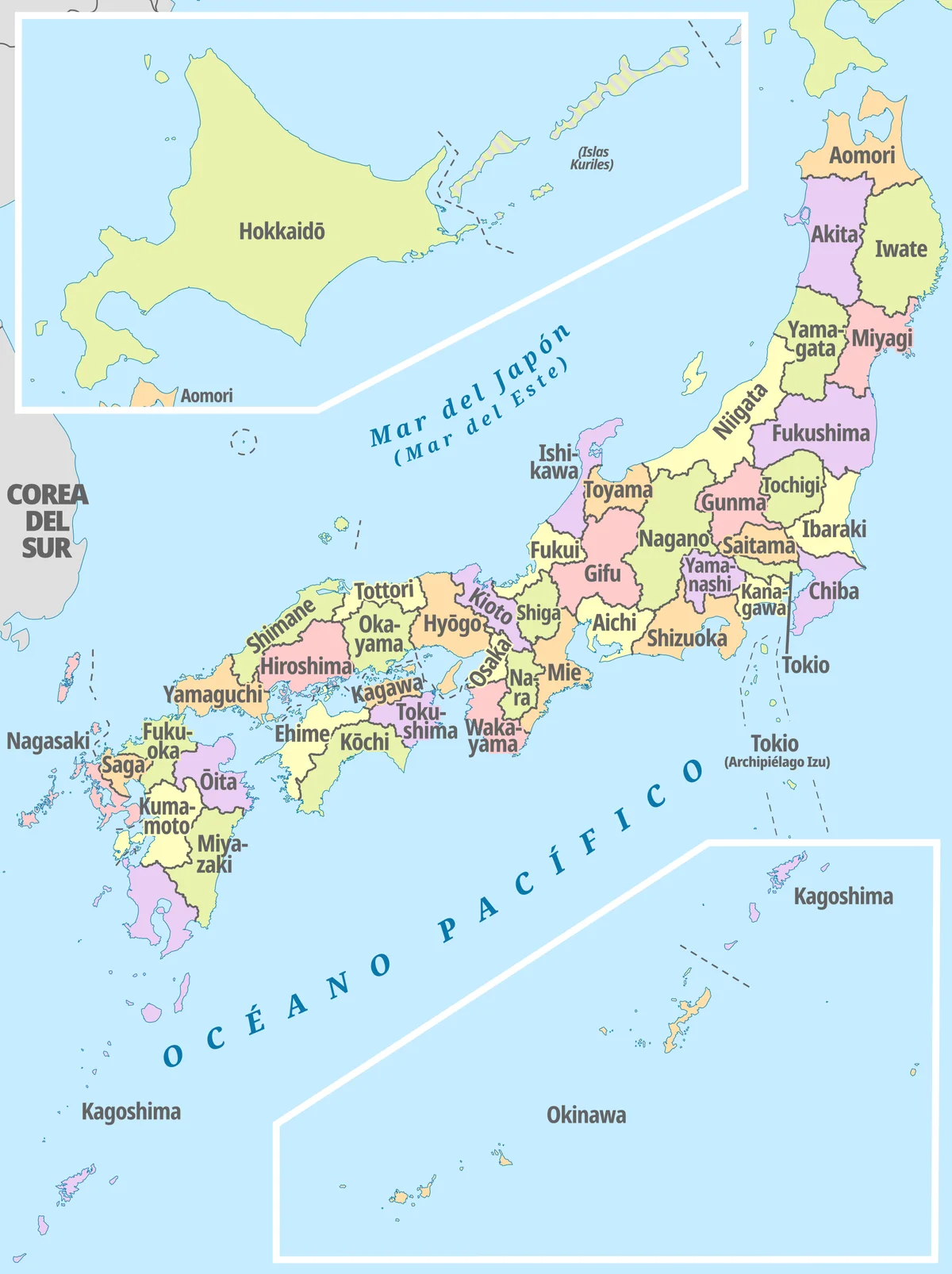 Mapa de Japón en español con prefecturas, Tokio, Hokkaido, Okinawa, Kyushu, Shikoku y Honshu