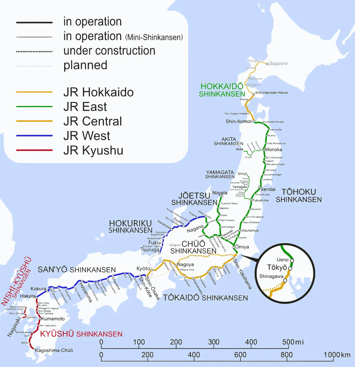 Mapa ferroviario de Japón con líneas Shinkansen en operación, en construcción y planificadas