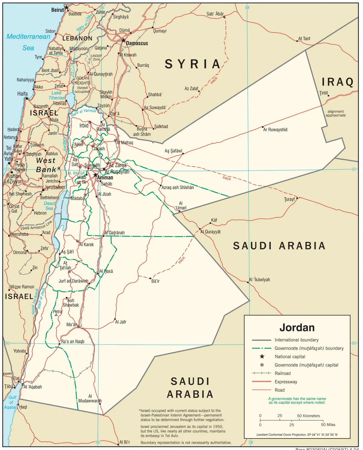 Mapa de transporte de Jordania con carreteras, autopistas, ferrocarril, Amán, Zarqa, Irbid, Ma'an, Petra y Aqaba