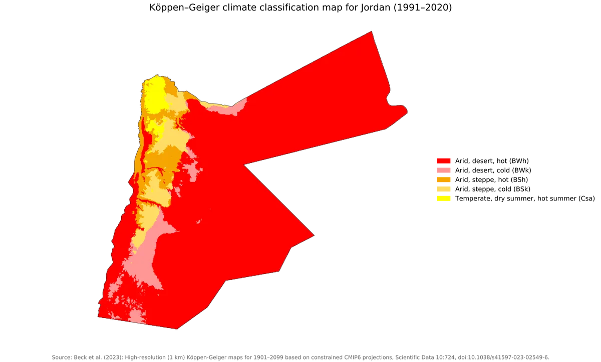 Mapa de Jordania con clasificación climática Köppen-Geiger 1991-2020 y predominio de climas áridos