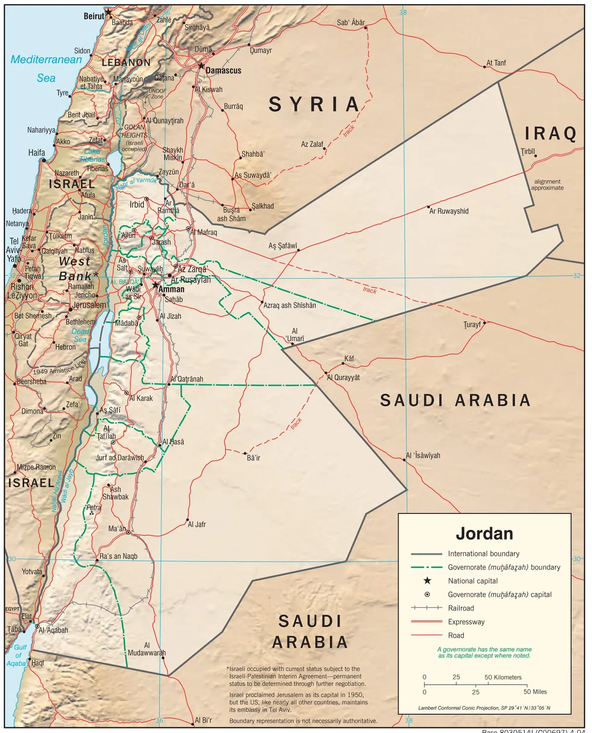 Mapa físico de Jordania con relieve, valle del Jordán, mar Muerto, Wadi Arabah, Aqaba, desierto oriental y países vecinos