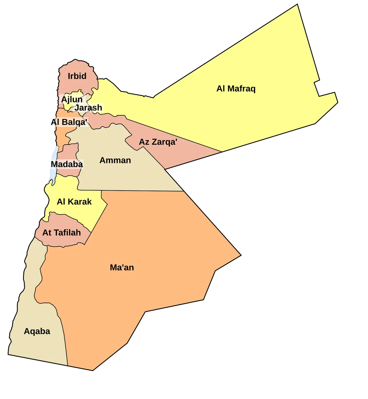 Mapa de Jordania con sus gobernaciones, incluidas Amman, Irbid, Al Mafraq, Az Zarqa, Ma'an y Aqaba