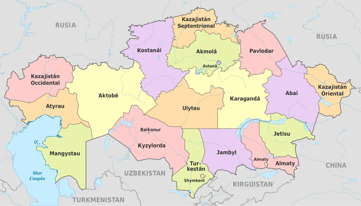 Mapa administrativo de Kazajistán en español con provincias, Astana, Almaty, Shymkent, Baikonur y países vecinos