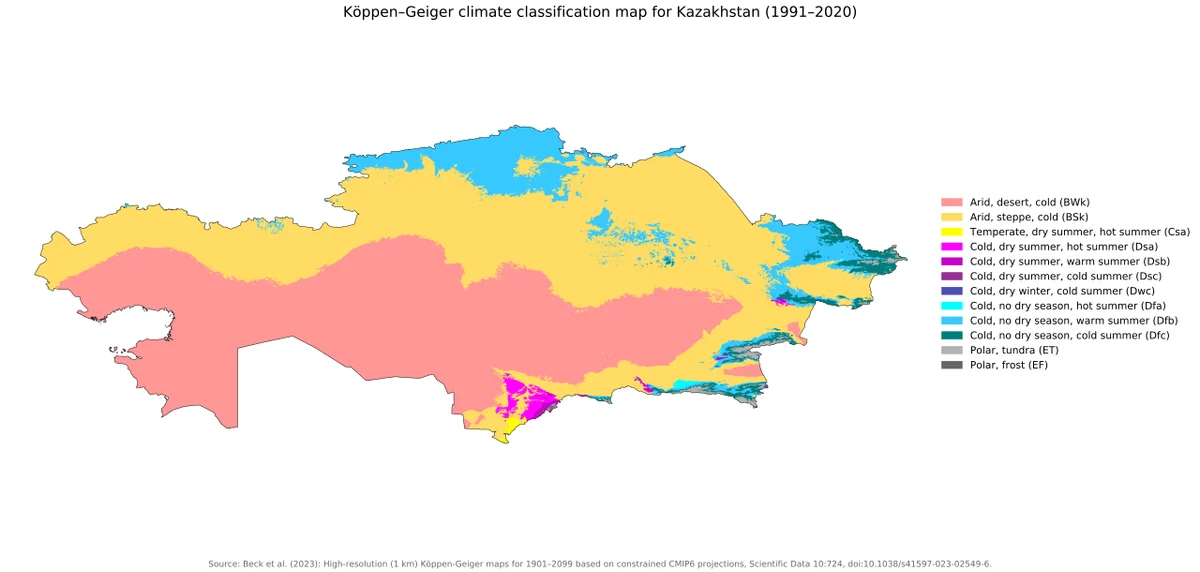 Mapa de Kazajistán con clasificación climática Köppen-Geiger 1991-2020 y leyenda en inglés