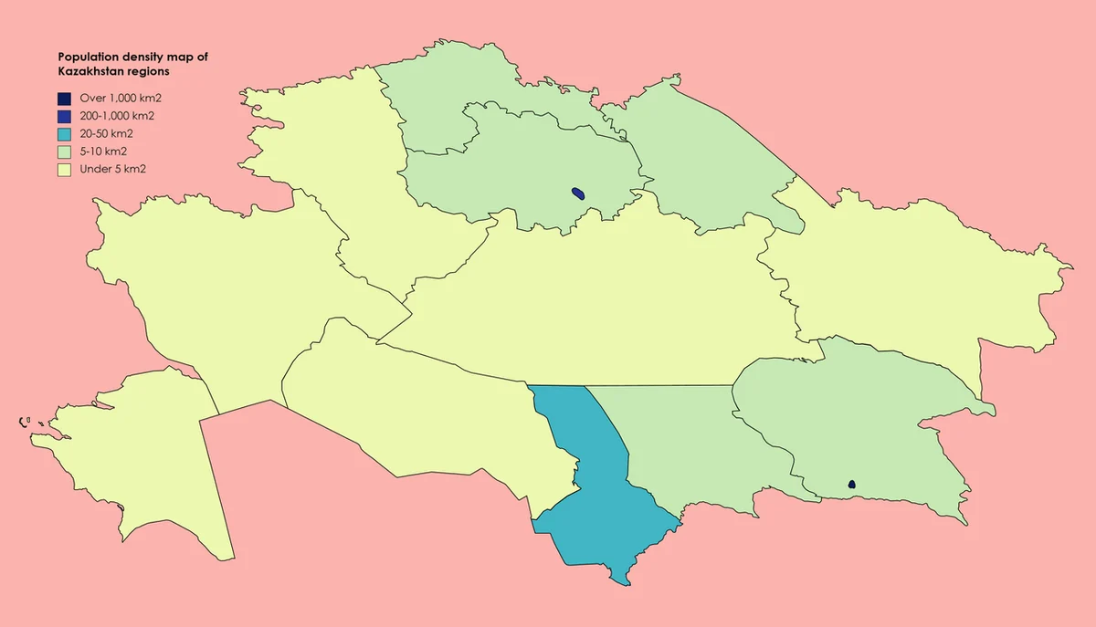 Mapa de densidad de población de Kazajistán por regiones en 2017, con mayor concentración en ciudades y sur del país