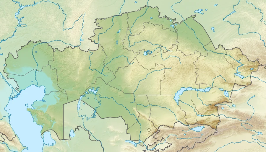 Mapa físico de Kazajistán con relieve, ríos, lagos, mar Caspio, mar de Aral, lago Balkhash y montañas del este y sureste
