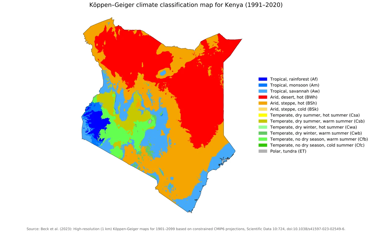 Mapa de clasificación climática Köppen-Geiger de Kenia 1991-2020 con zonas áridas, semiáridas, tropicales y templadas de montaña