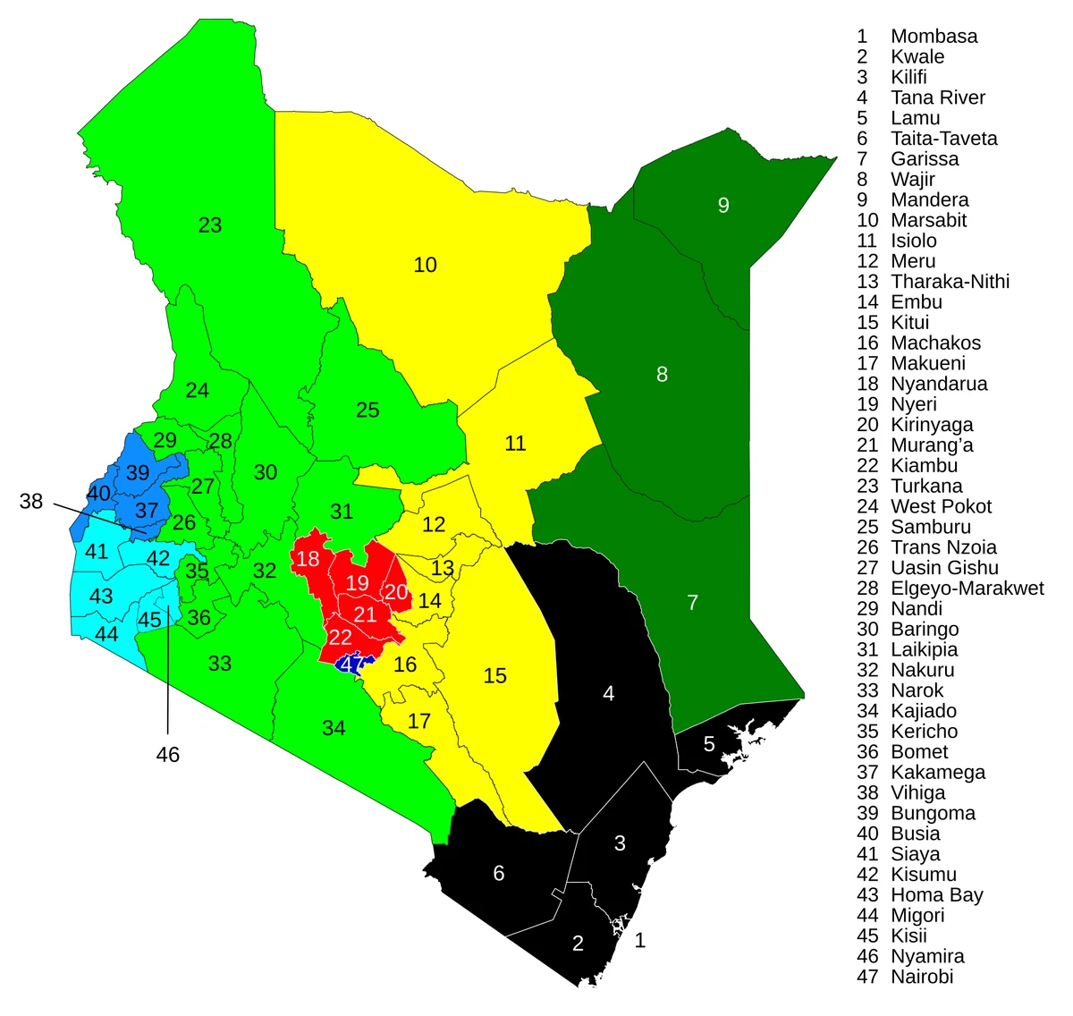 Mapa administrativo de Kenia con los 47 condados numerados y leyenda con nombres como Nairobi, Mombasa, Kisumu, Nakuru, Turkana, Marsabit y Garissa