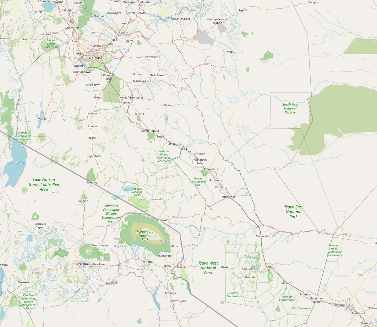 Mapa OpenStreetMap del corredor entre Nairobi y Mombasa con Machakos, Makindu, Voi, Tsavo, Amboseli, Kilimanjaro, aeropuerto Jomo Kenyatta y puerto de Mombasa