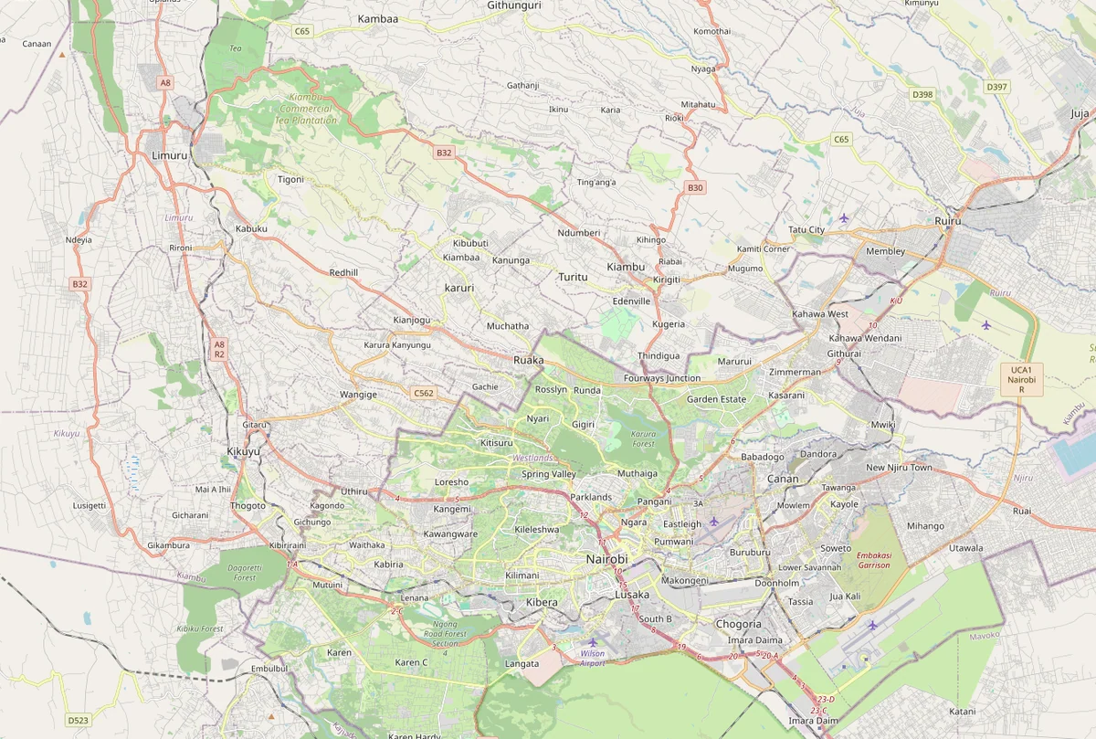 Mapa urbano OpenStreetMap de Nairobi con el centro, Westlands, Karen, Langata, aeropuerto Jomo Kenyatta, Nairobi National Park, Thika Road y bypasses