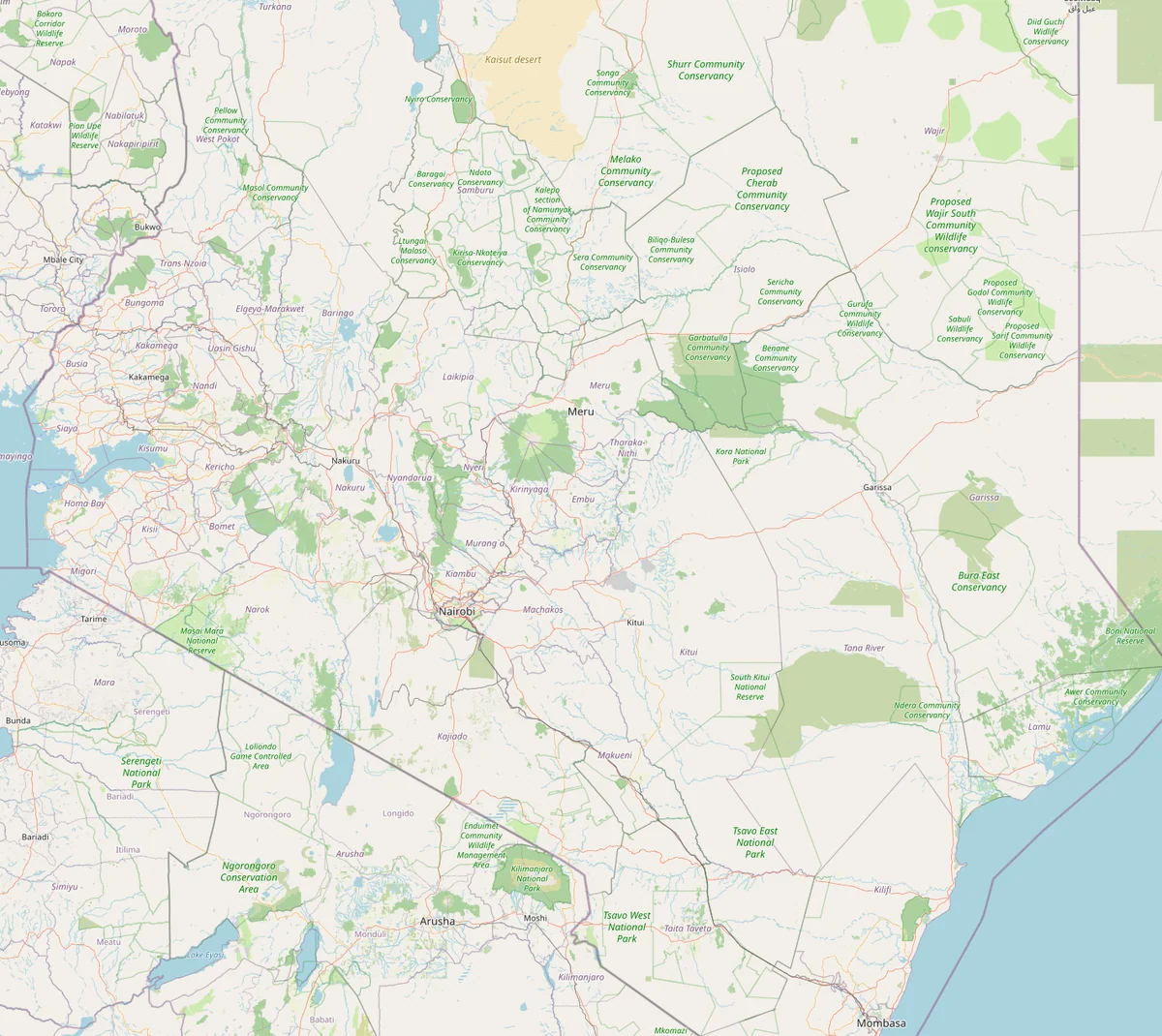 Mapa OpenStreetMap de Kenia con parques y reservas como Maasai Mara, Amboseli, Tsavo East, Tsavo West, Aberdare, Mount Kenya, Samburu, Meru, Nairobi National Park y lago Nakuru