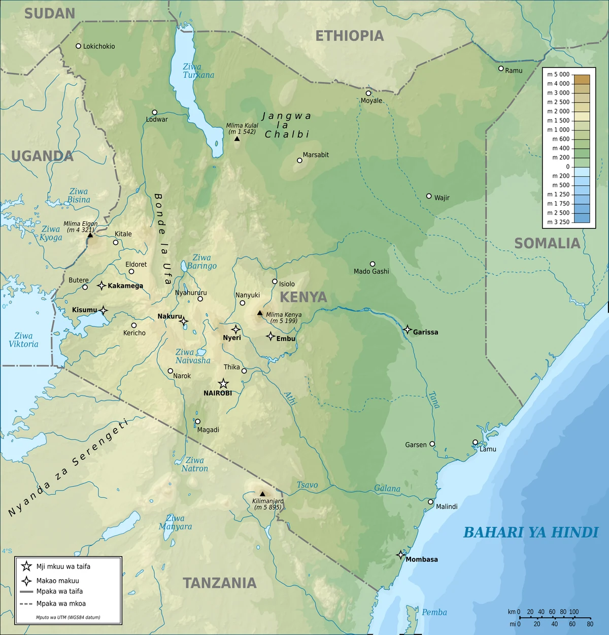 Mapa topográfico de Kenia con relieve, altitudes, lago Turkana, lago Victoria, monte Kenia, Nairobi, Mombasa, Kisumu, Eldoret y países vecinos