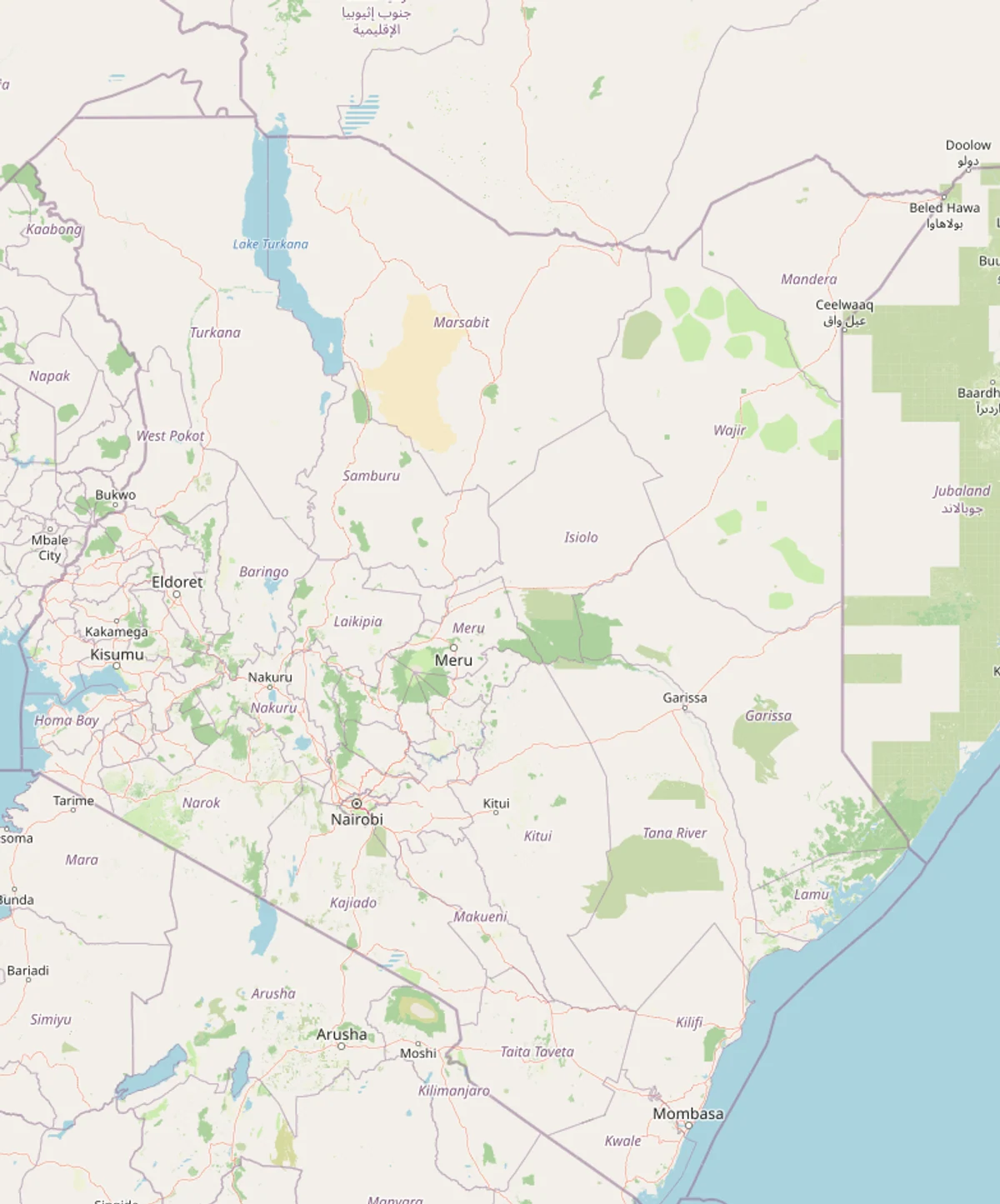Mapa OpenStreetMap de Kenia con Nairobi, Mombasa, Kisumu, Nakuru, Eldoret, carreteras principales, ferrocarril, puerto de Mombasa, lago Turkana y países vecinos