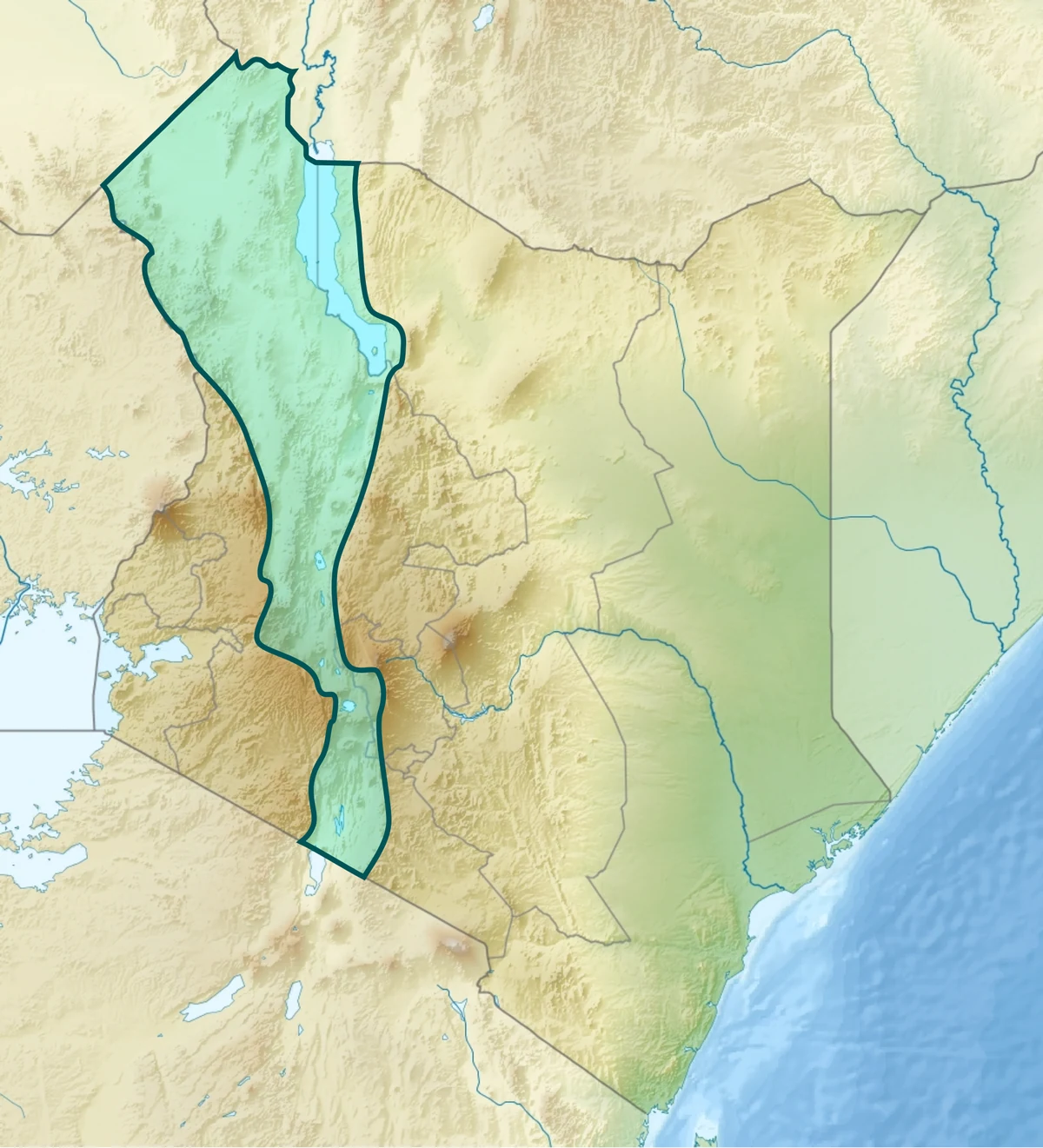 Mapa sombreado de Kenia con el trazado del Gran Valle del Rift destacado desde el lago Turkana hasta el sur del país