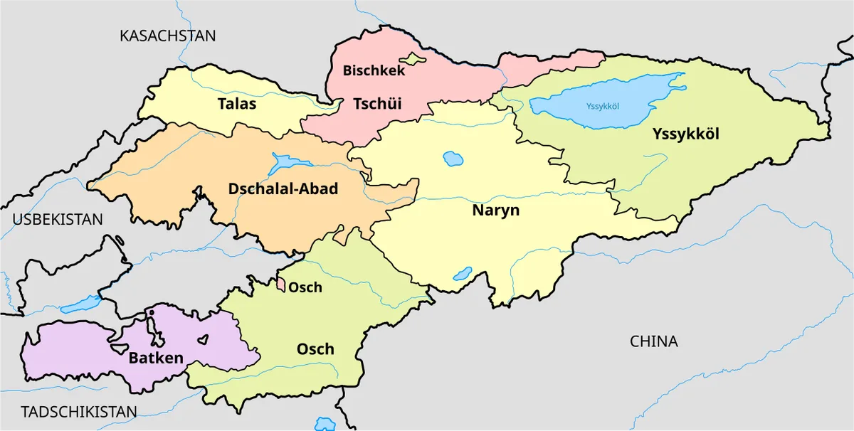 Mapa administrativo de Kirguistán con las regiones de Chuy, Talas, Issyk-Kul, Naryn, Jalal-Abad, Osh y Batken