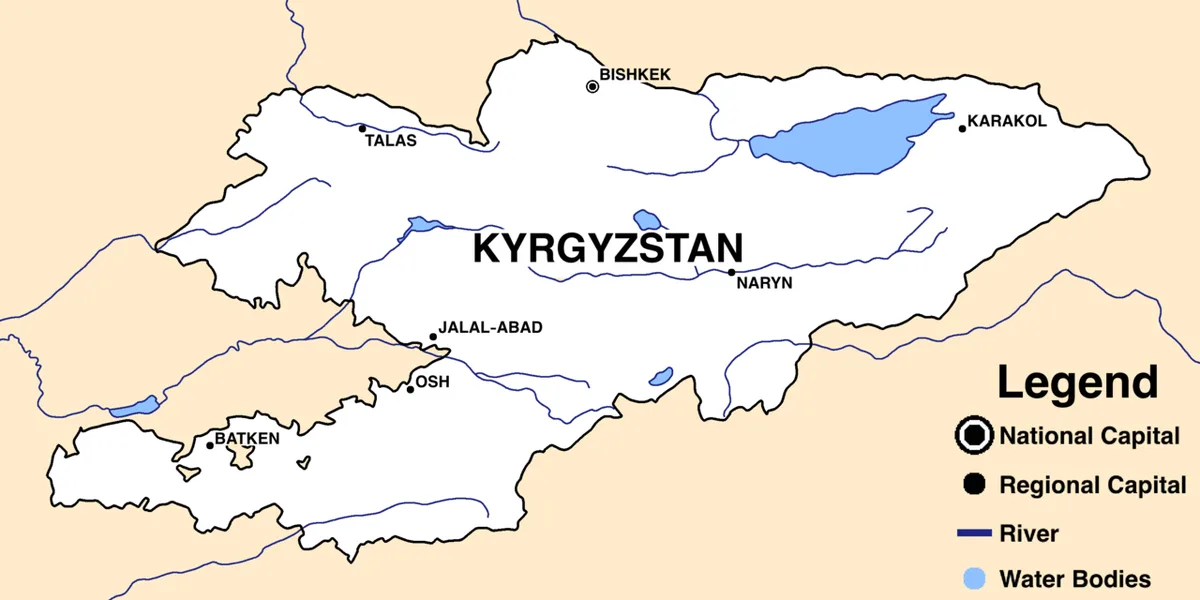Mapa de Kirguistán con Bishkek, Osh, Jalal-Abad, Batken, Talas, Naryn, Karakol, ríos y lagos como Issyk-Kul