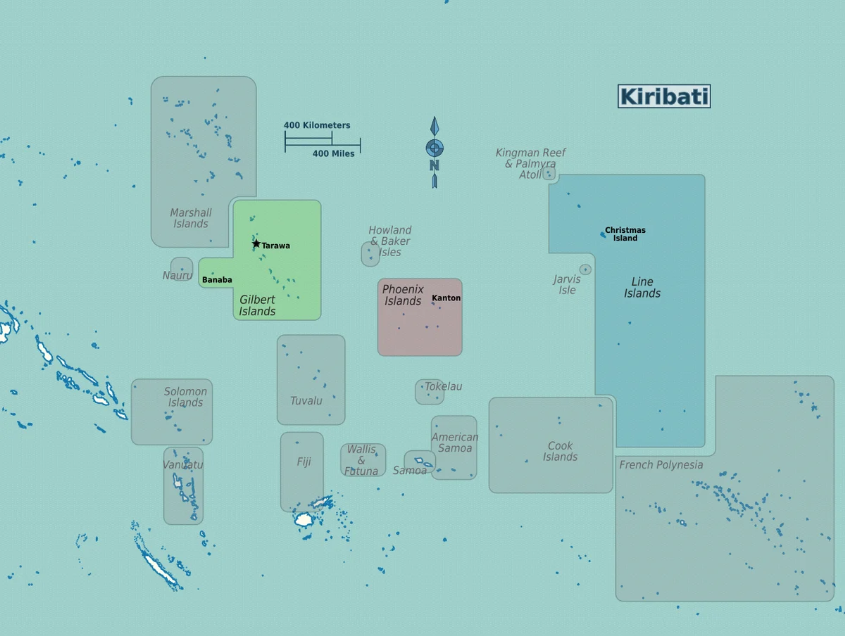 Mapa regional de Kiribati con Banaba, Tarawa, islas Gilbert, islas Phoenix, Kanton, Kiritimati y las islas de la Linea en el Pacifico