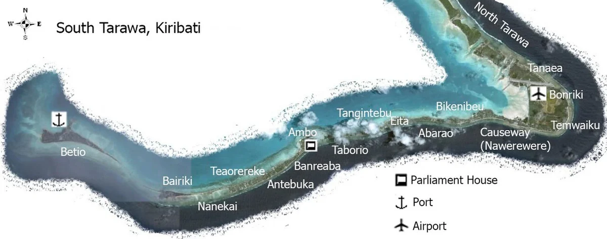 Mapa de Tarawa Sur en Kiribati con Betio, Bairiki, Teaoraereke, Bikenibeu, Bonriki, puerto, aeropuerto y Parlamento