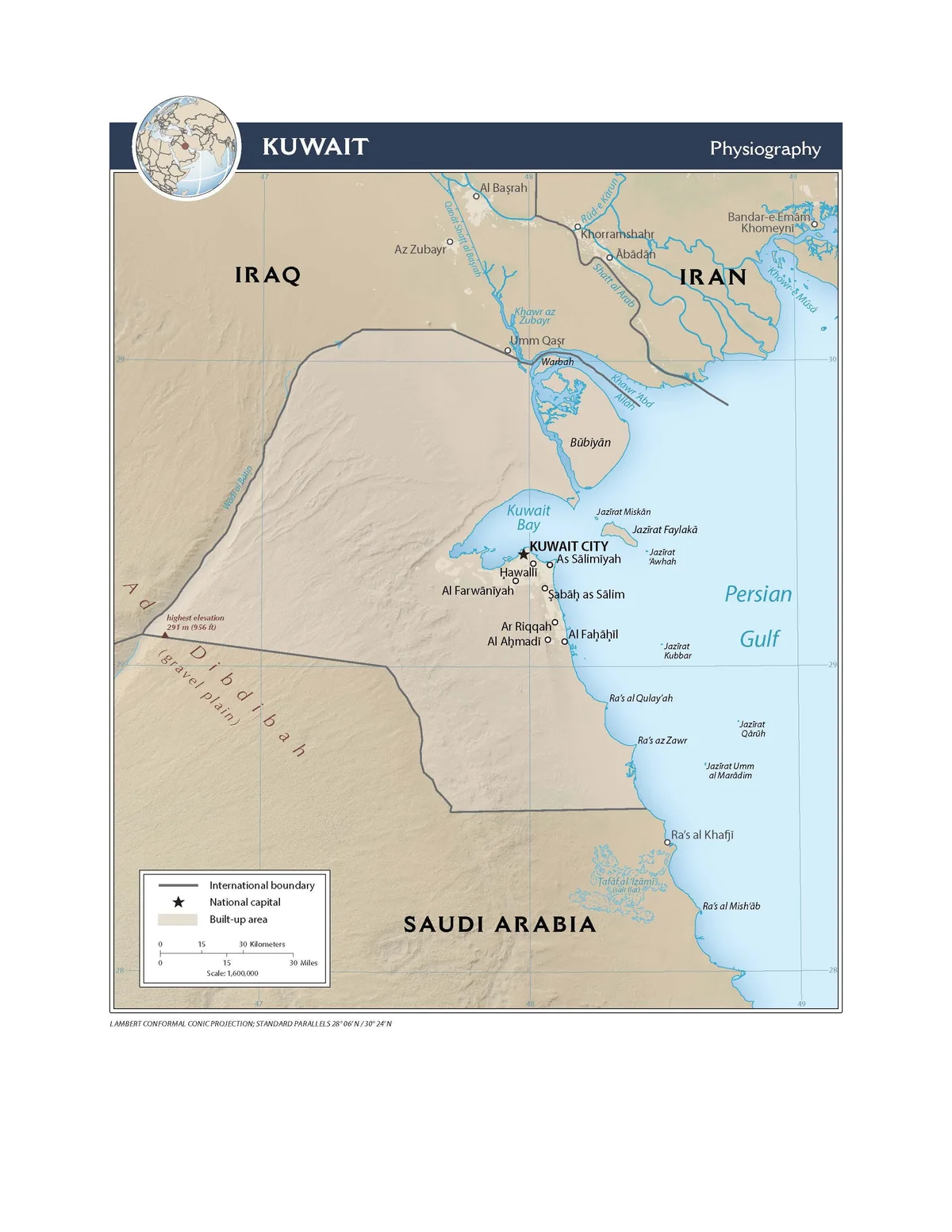 Mapa físico de Kuwait con relieve, bahía de Kuwait, Bubiyan, Warbah, Failaka, golfo Pérsico, Irak, Irán y Arabia Saudita