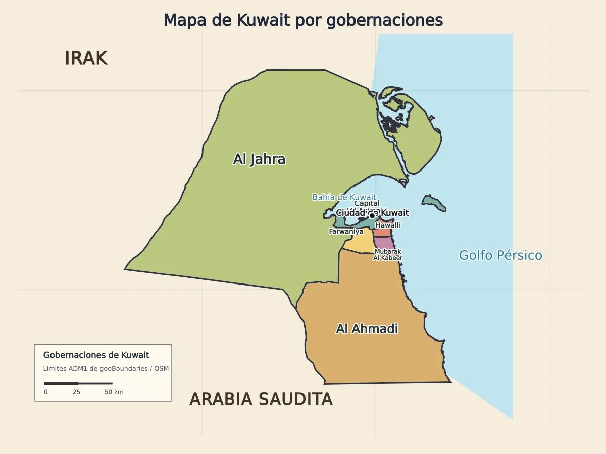 Mapa de Kuwait en español con las gobernaciones de Al Jahra, Capital, Farwaniya, Hawalli, Mubarak Al Kabeer y Al Ahmadi