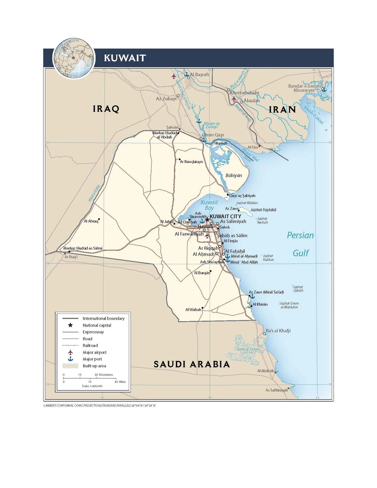 Mapa de transporte de Kuwait con autopistas, carreteras, ferrocarril, aeropuerto, puertos, Ciudad de Kuwait, Al Jahra, Al Ahmadi y Al Khiran