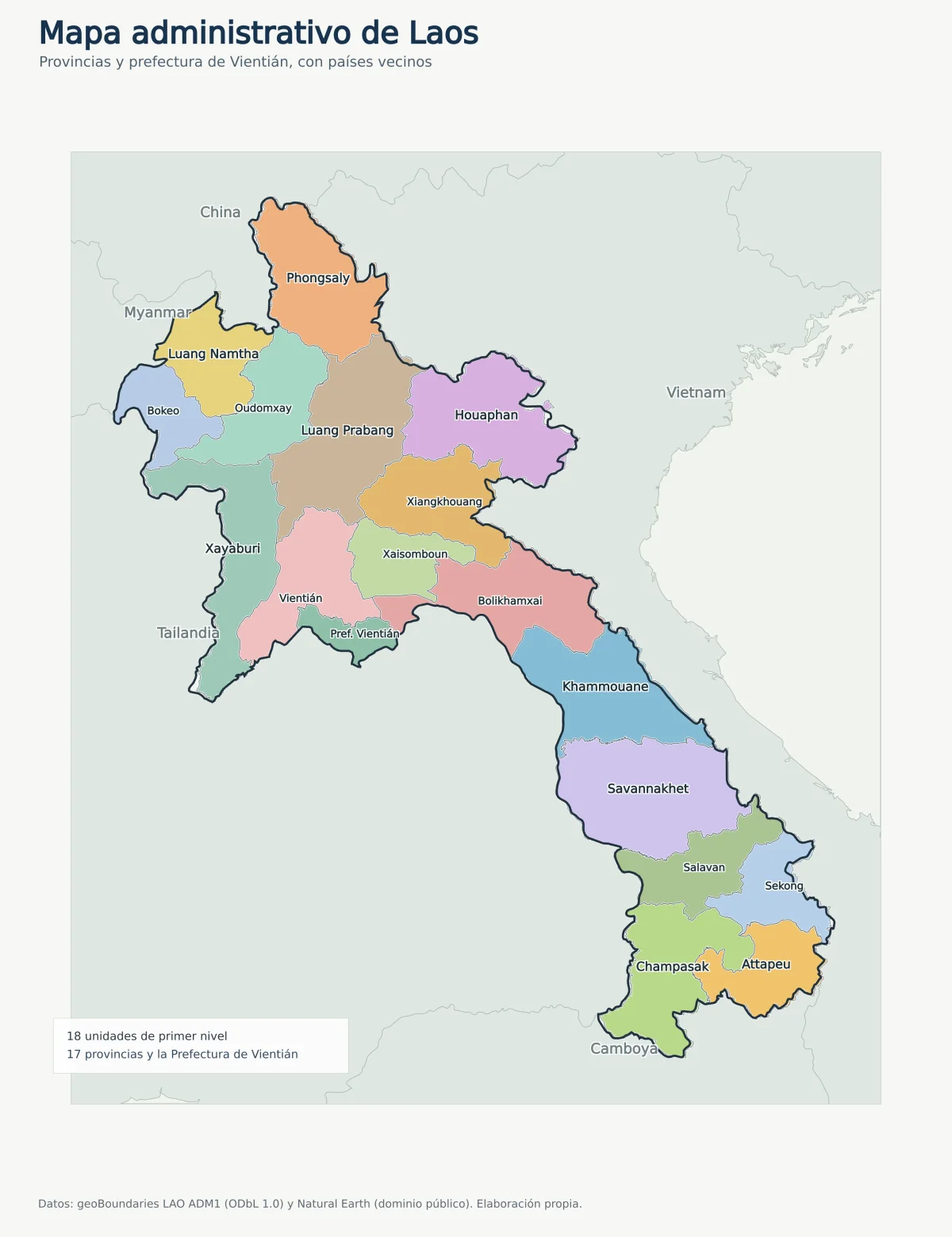 Mapa administrativo de Laos con provincias, Prefectura de Vientián y países vecinos