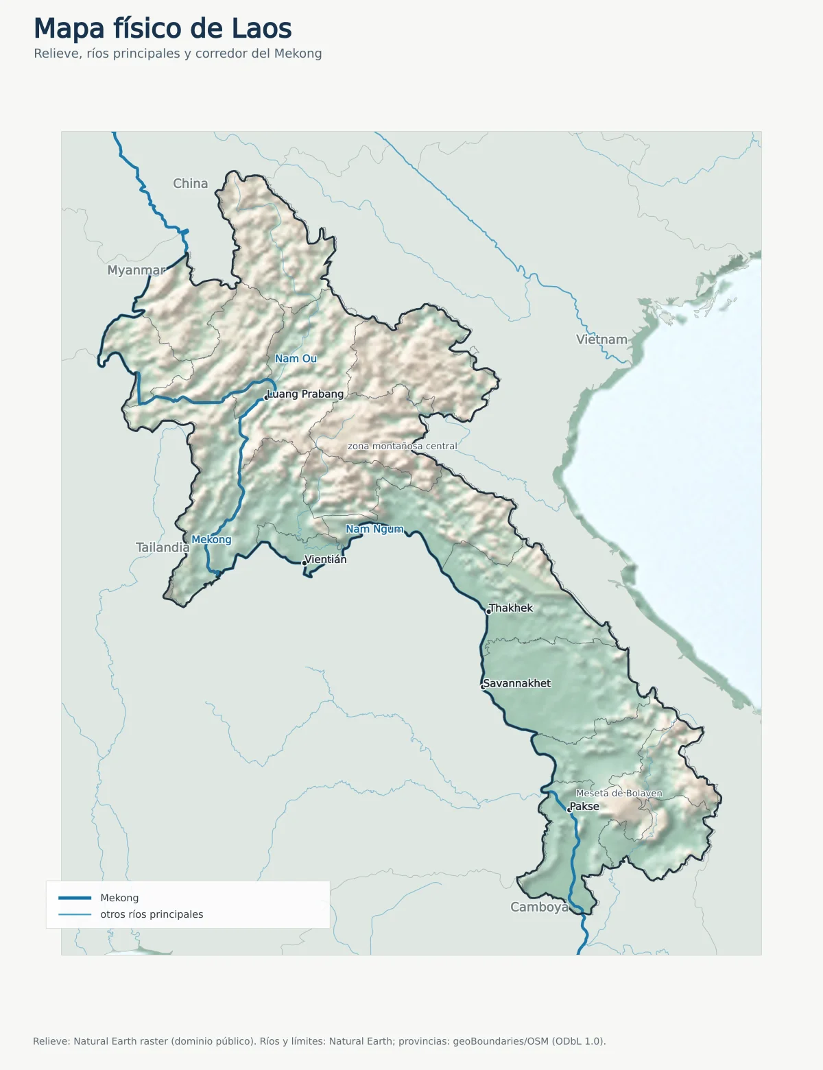 Mapa físico de Laos con relieve, Mekong, Nam Ou, Nam Ngum, meseta de Bolaven y ciudades principales