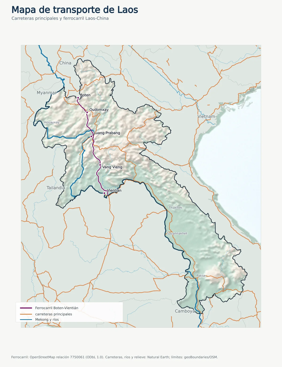 Mapa de transporte de Laos con carreteras principales, Mekong y ferrocarril Boten-Vientián