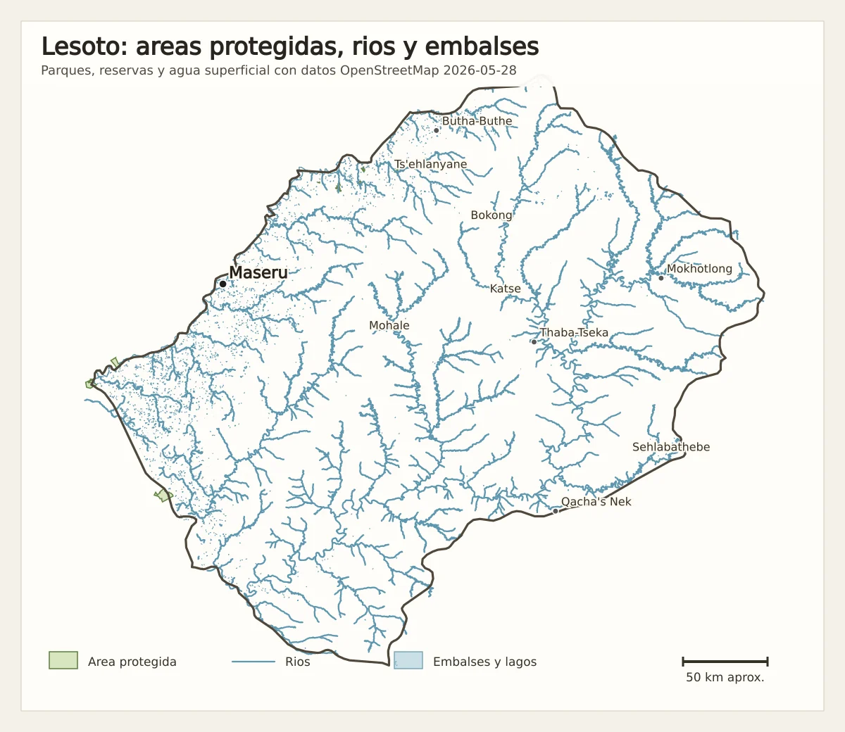 Mapa de Lesoto con ríos principales, embalses, áreas protegidas, Maseru, Mokhotlong, Thaba-Tseka y Qacha's Nek