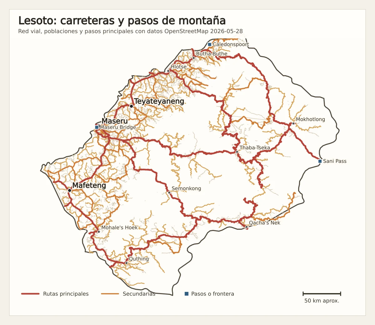 Mapa de carreteras de Lesoto con Maseru, Hlotse, Mafeteng, Thaba-Tseka, Mokhotlong, Sani Pass y pasos fronterizos