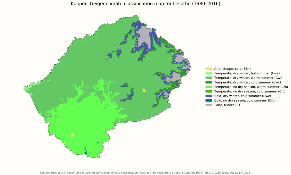 Mapa de clasificación climática Köppen-Geiger de Lesoto con zonas templadas, frías y de tundra de altura
