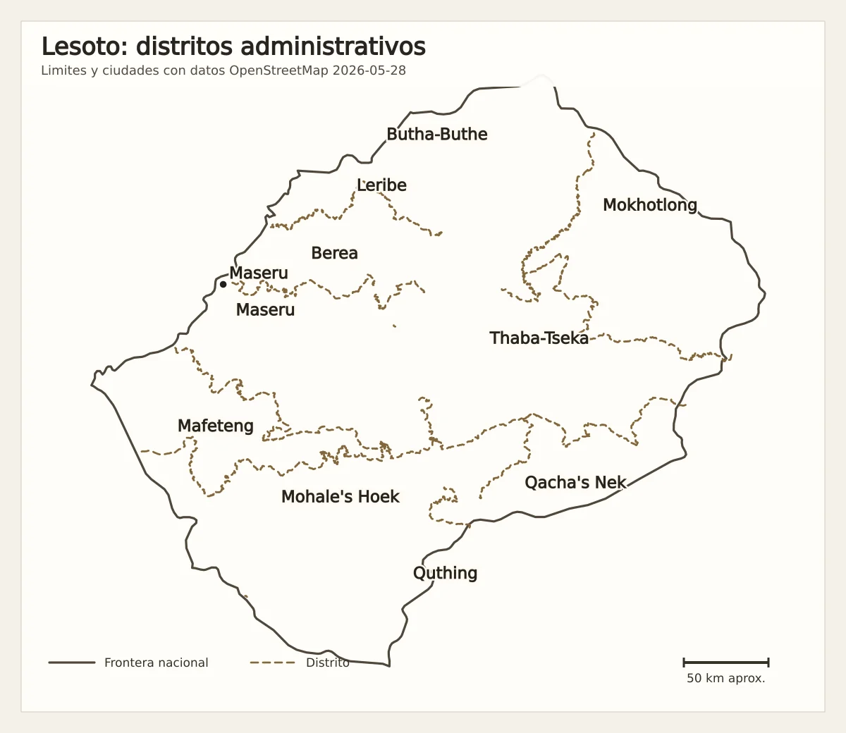 Mapa de Lesoto con sus diez distritos administrativos y la ciudad de Maseru