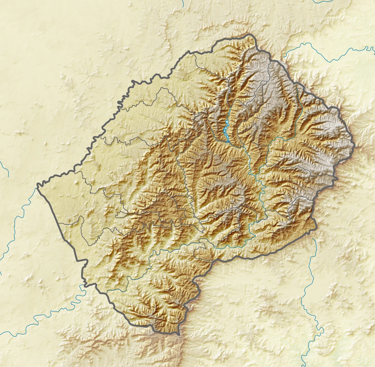 Mapa físico de Lesoto con relieve sombreado, ríos y límites administrativos