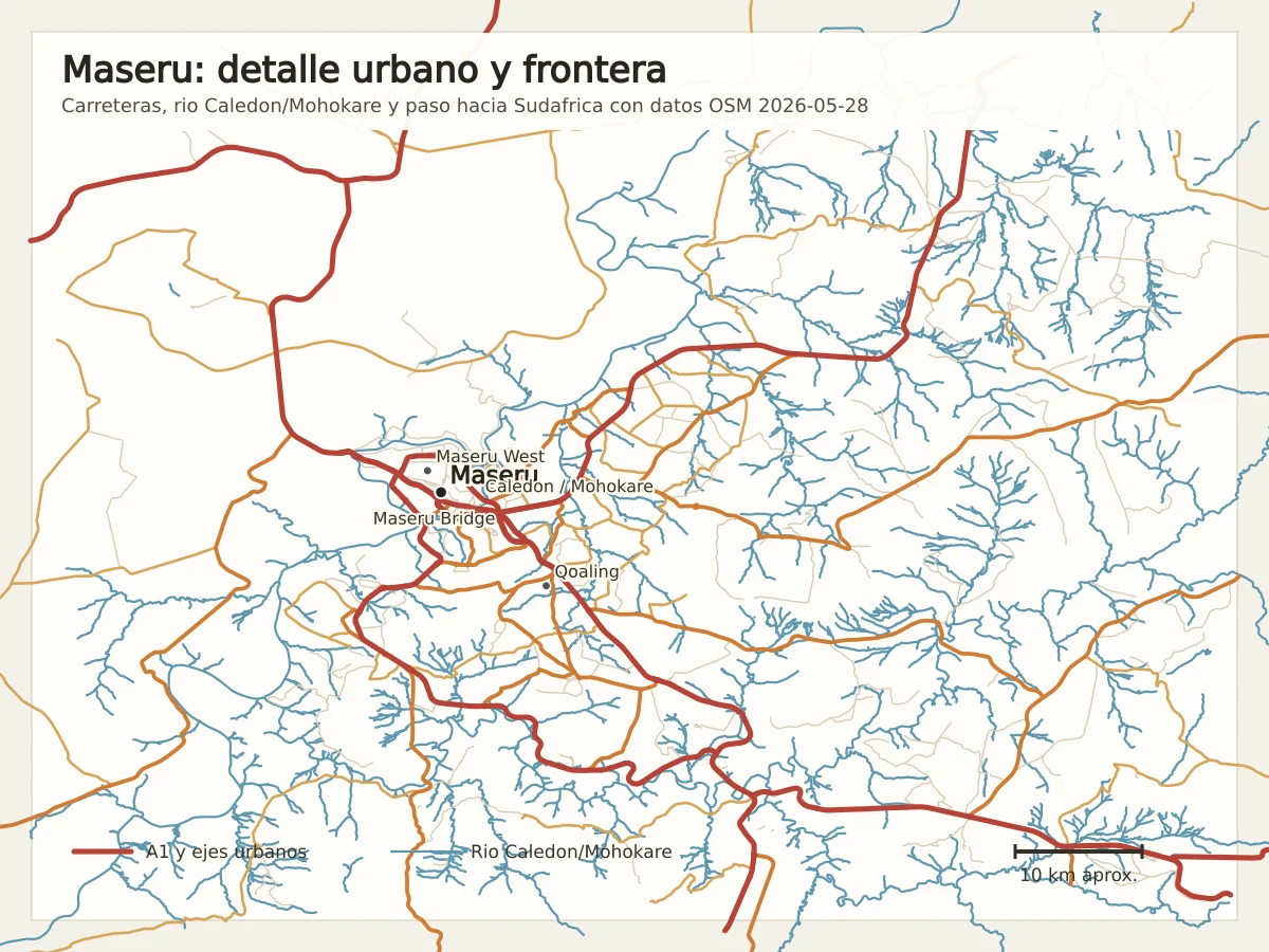 Mapa de Maseru con carreteras urbanas, río Caledon o Mohokare y paso Maseru Bridge hacia Sudáfrica