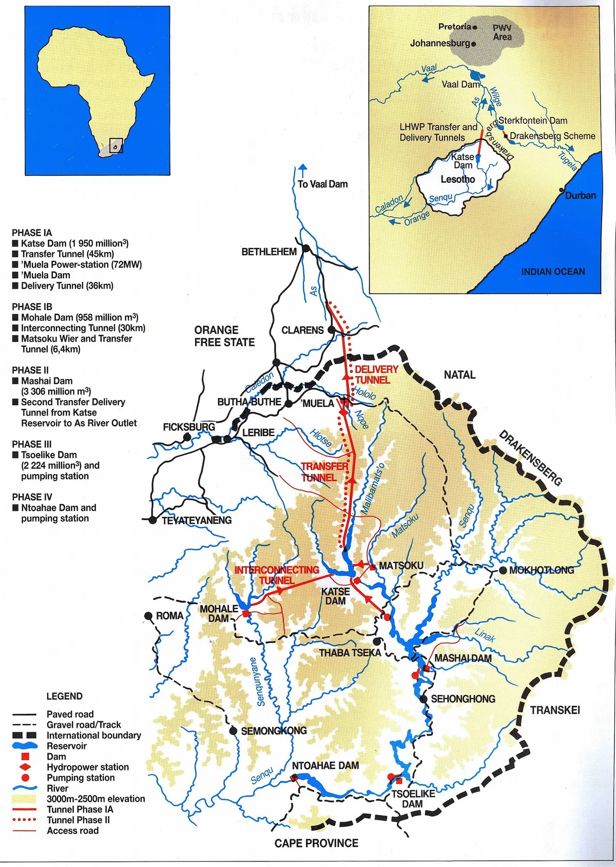 Mapa del Lesotho Highlands Water Project con presas, túneles, embalses, ríos y transferencia de agua hacia Sudáfrica