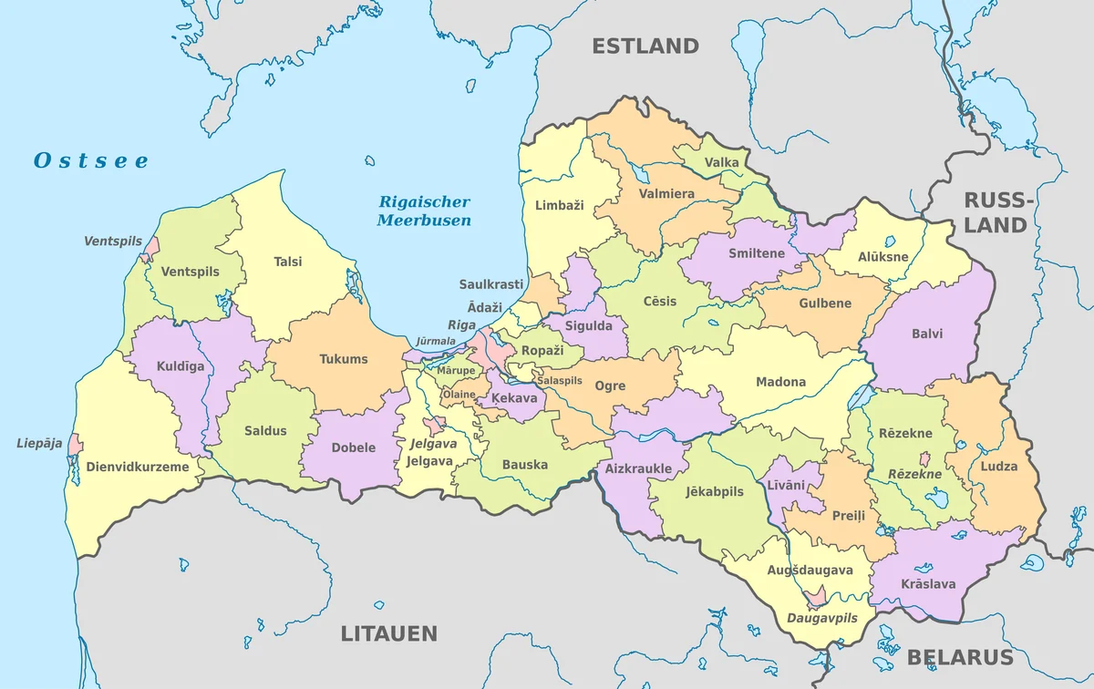 Mapa administrativo de Letonia de 2025 con municipios, ciudades estatales, Riga, Daugavpils, Liepāja, Jelgava, Jūrmala, Rēzekne y Ventspils
