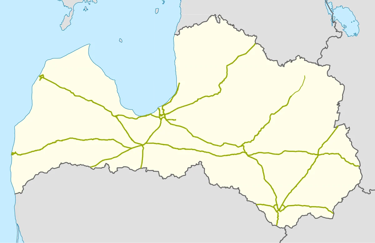Mapa de la red ferroviaria de Letonia con líneas existentes, Riga, Daugavpils, Rēzekne, Jelgava, Liepāja, Ventspils y conexiones fronterizas