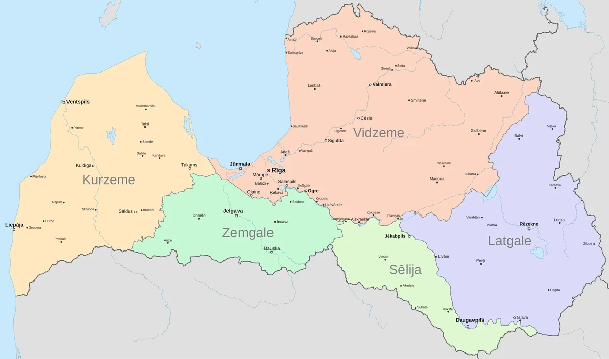 Mapa de Letonia con regiones históricas Kurzeme, Zemgale, Sēlija, Vidzeme y Latgale