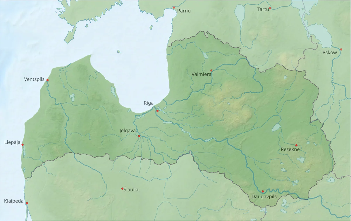 Mapa de ríos de Letonia con Daugava, Gauja, Venta, Lielupe, costa báltica y golfo de Riga
