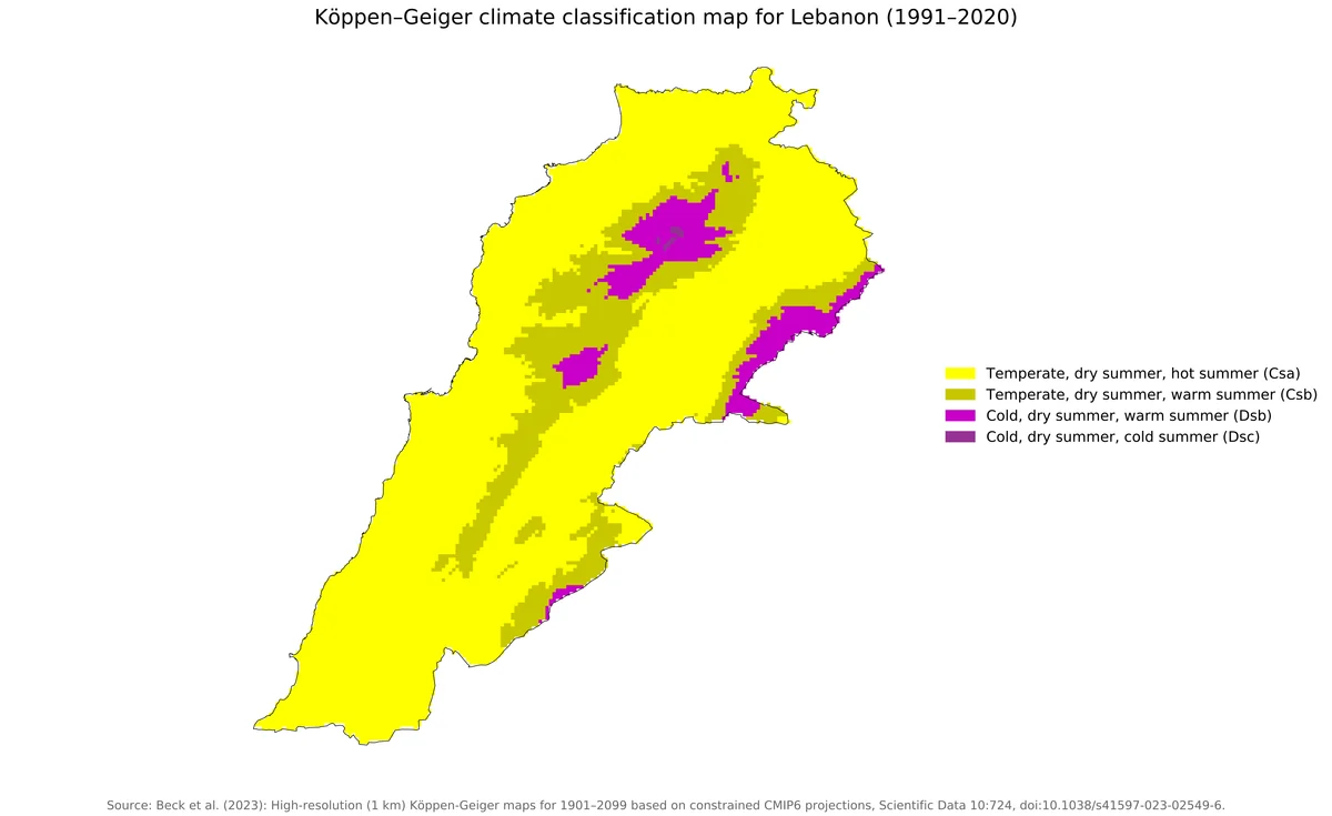 Mapa de climas Köppen-Geiger de Líbano 1991-2020 con Csa, Csb, Dsb y Dsc