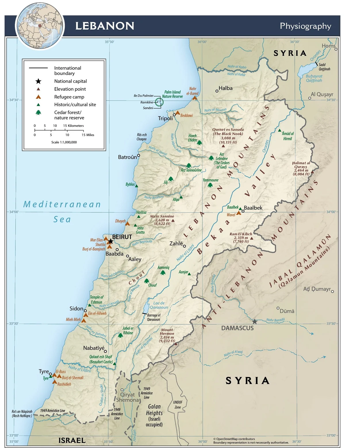 Mapa físico de Líbano con relieve del Monte Líbano, valle de la Bekaa, montes Antilíbano, Qurnat as Sawda, Mzaar Sannine, monte Hermón, ríos Litani y Orontes, Beirut, Trípoli, Sidón, Tiro, Baalbek y Zahlé