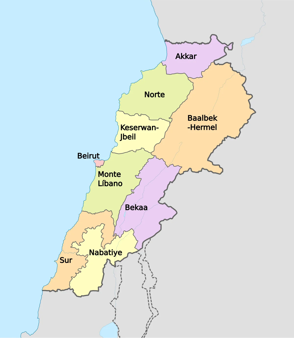 Mapa de Líbano con sus gobernaciones actuales: Akkar, Norte, Keserwan-Jbeil, Beirut, Monte Líbano, Baalbek-Hermel, Bekaa, Sur y Nabatiye