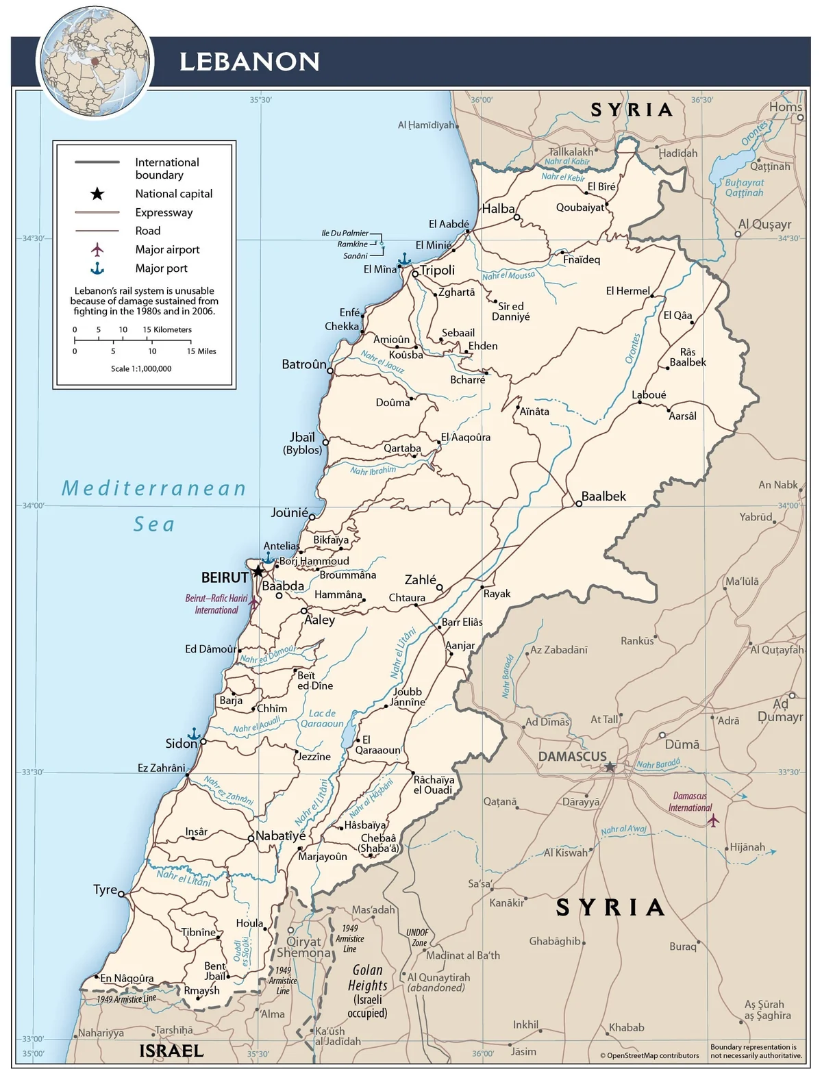 Mapa de transporte de Líbano con autopistas, carreteras, puertos de Beirut, Trípoli, Sidón y Tiro, aeropuerto de Beirut y ciudades como Jounieh, Zahlé, Baalbek y Nabatiye