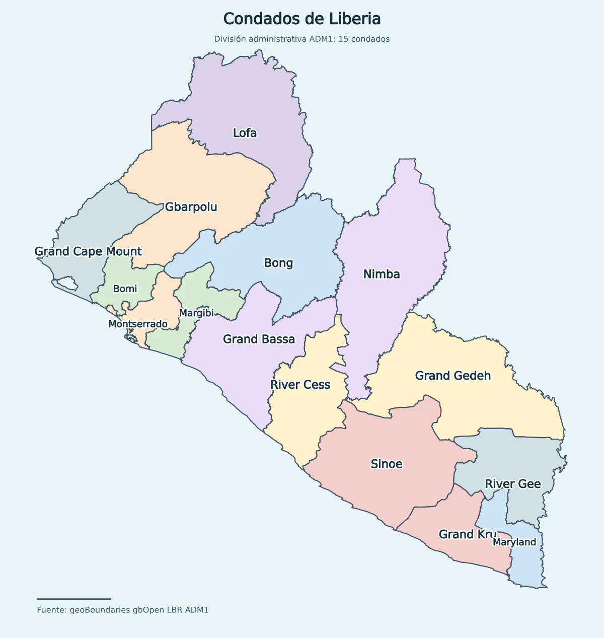 Mapa de Liberia con sus 15 condados: Bomi, Bong, Gbarpolu, Grand Bassa, Grand Cape Mount, Grand Gedeh, Grand Kru, Lofa, Margibi, Maryland, Montserrado, Nimba, River Cess, River Gee y Sinoe