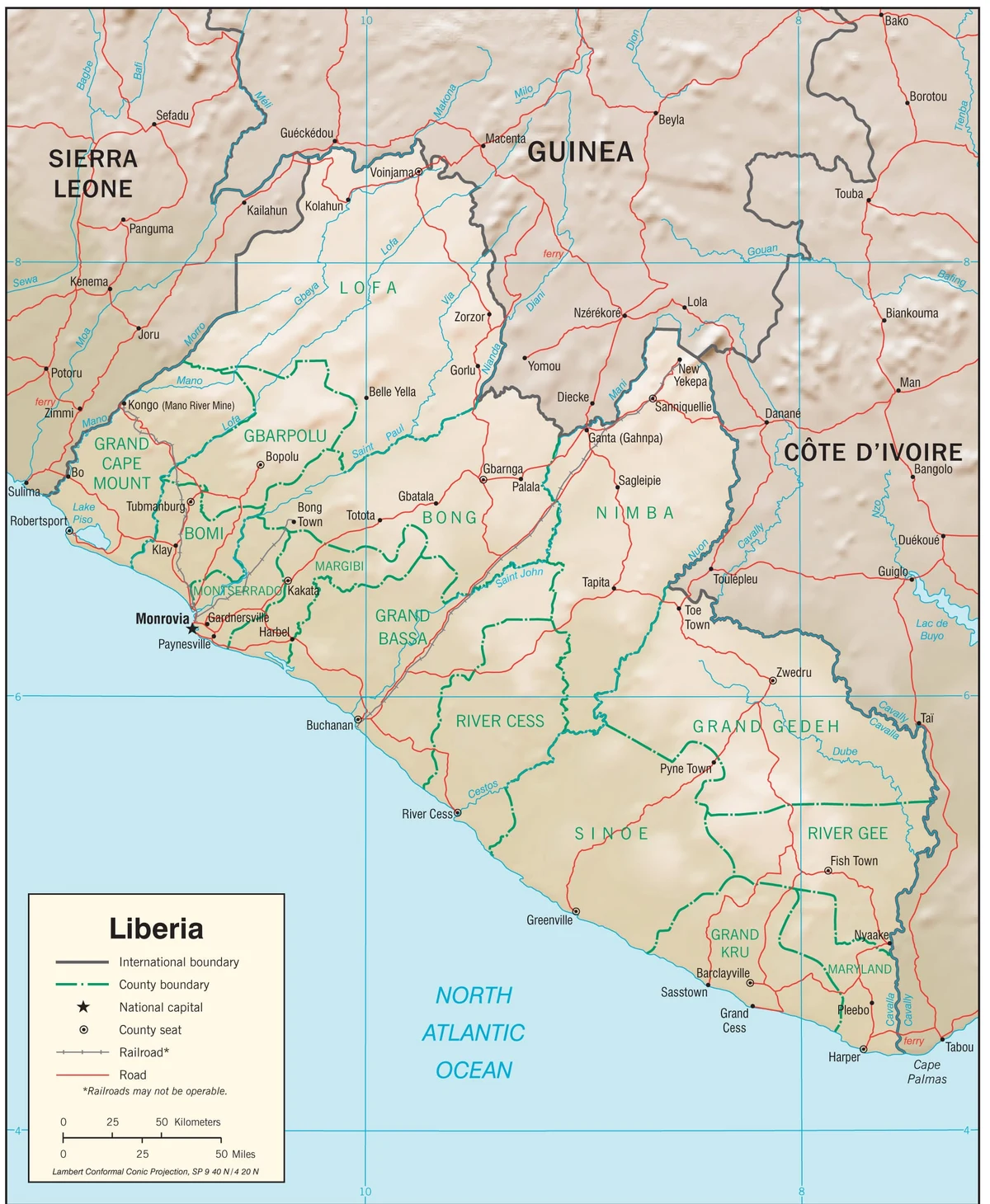 Mapa físico de Liberia con relieve sombreado, ríos Mano, Saint Paul, Saint John, Cestos, Sinoe y Cavalla, costa atlántica, Monrovia, Buchanan, Greenville, Harper y países vecinos