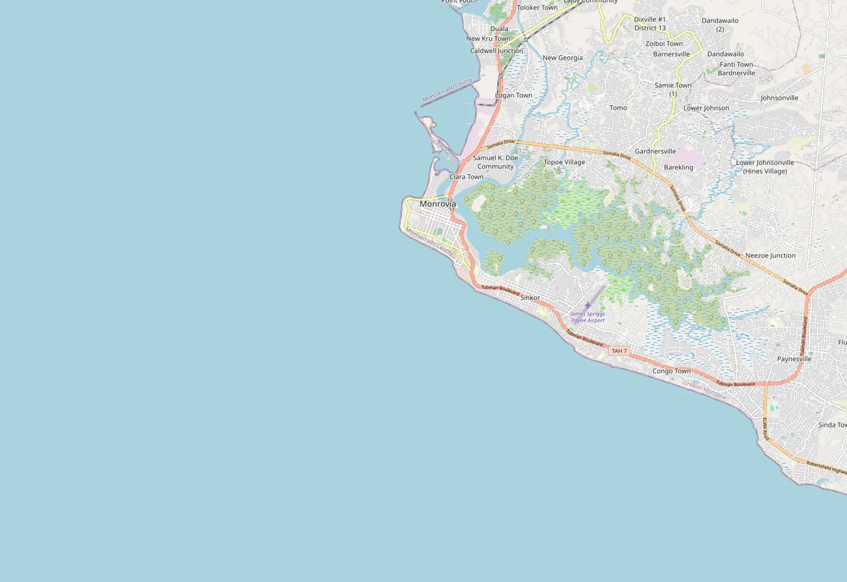 Mapa urbano de Monrovia con el centro, Freeport of Monrovia, Bushrod Island, Paynesville, Congo Town, Sinkor, Mesurado River y la costa atlántica