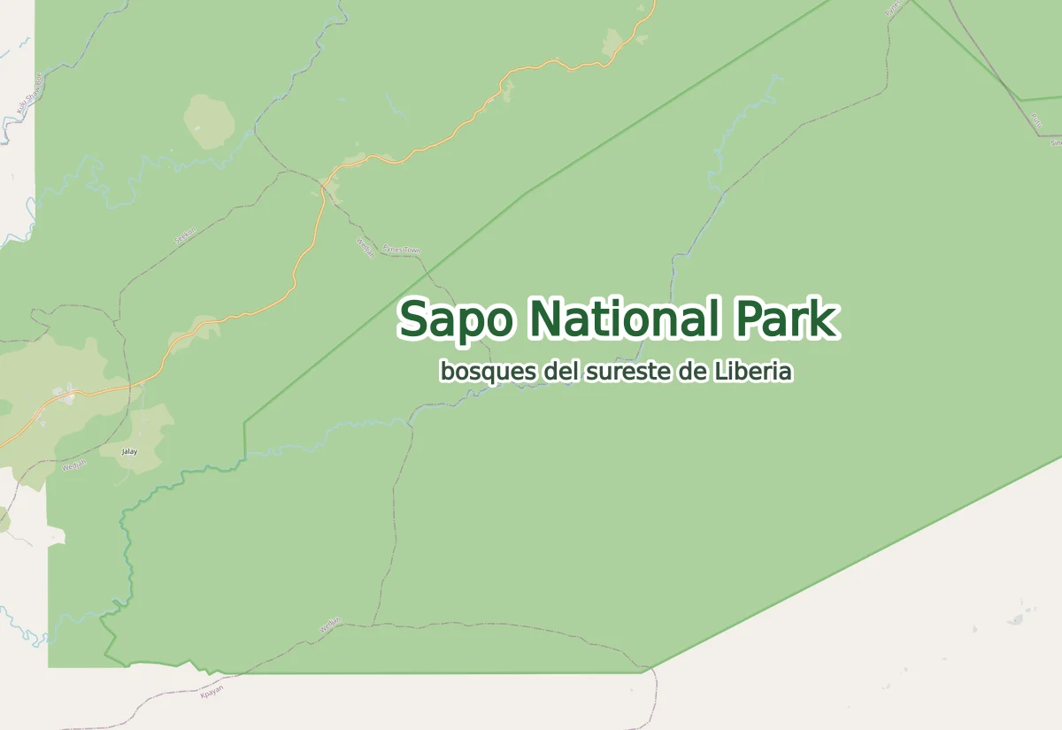 Mapa del Parque Nacional Sapo en el sureste de Liberia, con áreas forestales, límites del parque, pistas locales, cursos fluviales y localidades cercanas en Sinoe County