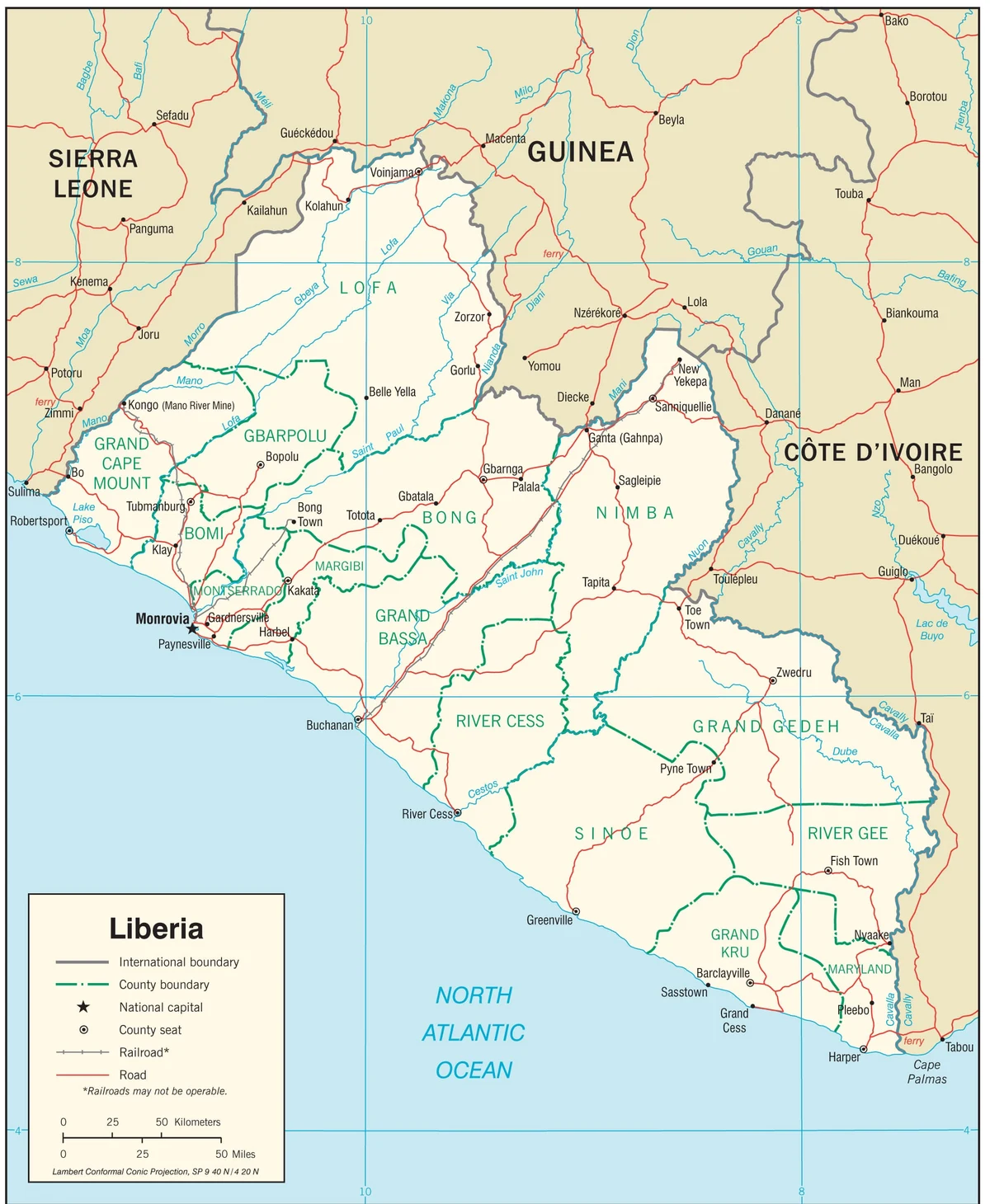 Mapa de transporte de Liberia con carreteras, ferrocarril, Monrovia, Buchanan, Gbarnga, Voinjama, Ganta, Zwedru, Greenville, Harper y pasos hacia Sierra Leona, Guinea y Costa de Marfil