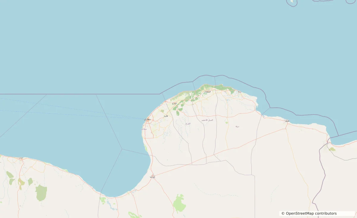 Mapa OpenStreetMap de Bengasi, Al Marj, Al Bayda, Derna, Jabal al Akhdar y la costa de Cirenaica en el noreste de Libia