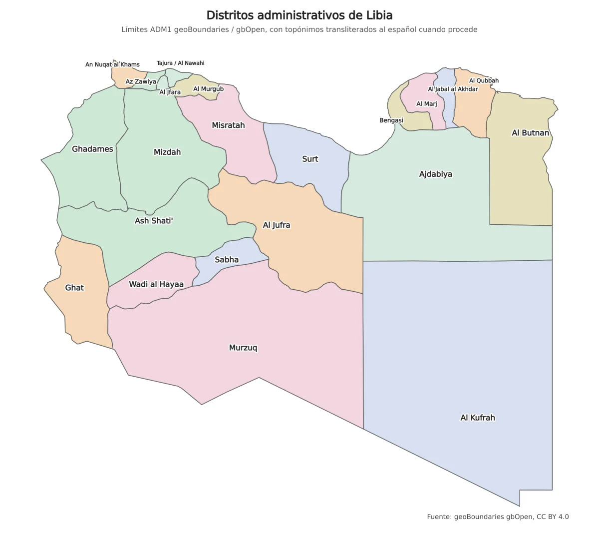 Mapa de Libia con distritos administrativos como Trípoli, Bengasi, Misrata, Sirte, Al Kufrah, Murzuq, Sabha, Ghat, Nalut y Al Butnan